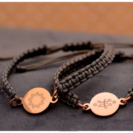 Bracelet nylon gris avec pendentif or rose signe & étoile 9 branches