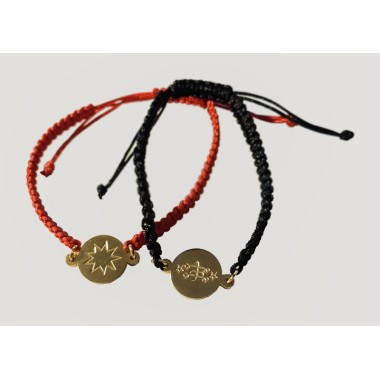 Bracelet nylon noir/rouge avec pendentif plaqué or  signe & étoile 9 branches