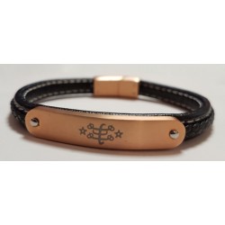 Bracelet en cuir fin noir avec plaque gravée or rose & signe