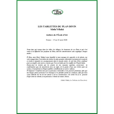 Livret école d'été : atelier étude de l'écrit de 'Abdu'l-Bahá : 'Les tablettes du plan divin'